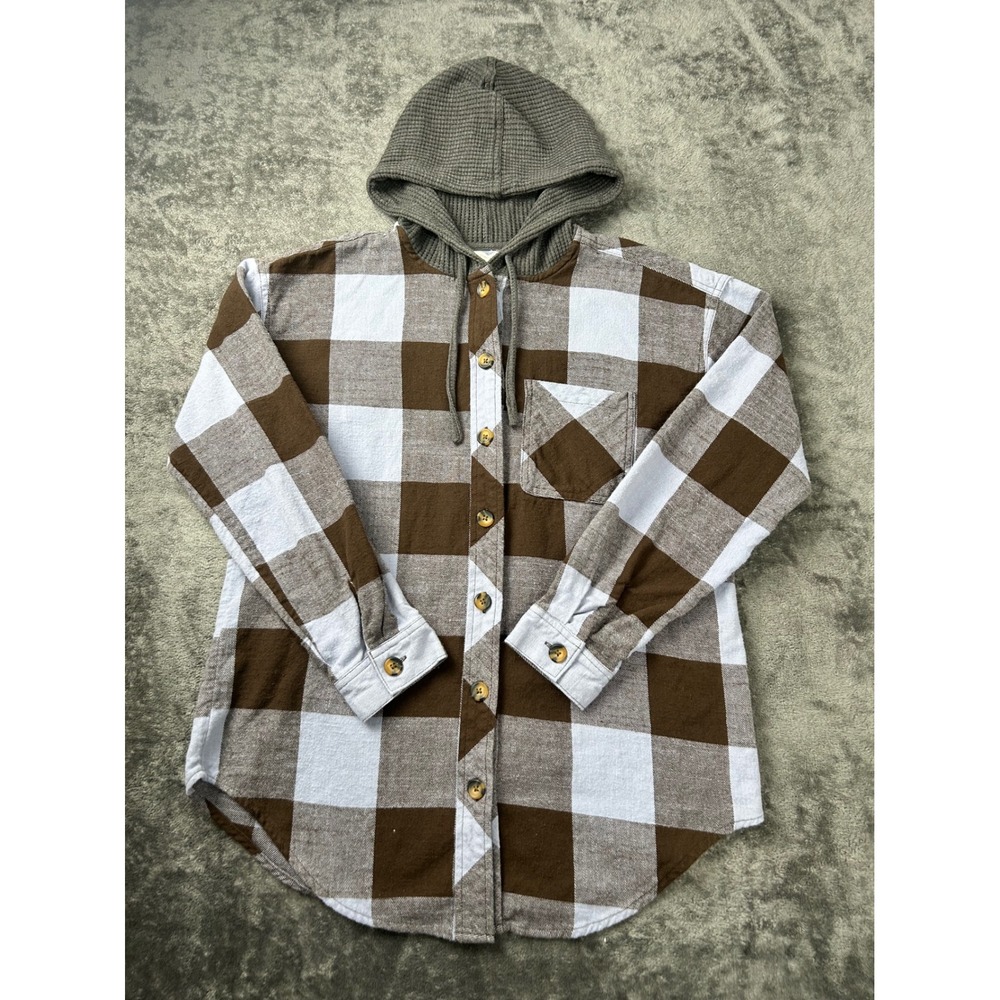 Maurices Womens Brown blue Buffalo Plaid Hooded Flannel Shirt Small Layered